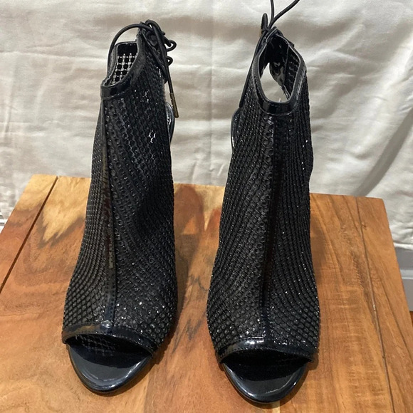 Sexy Black Peeptoe Rhinestone Mesh Strappy Lace Up High Heel Booties Size 7.5 - Picture 3 of 7